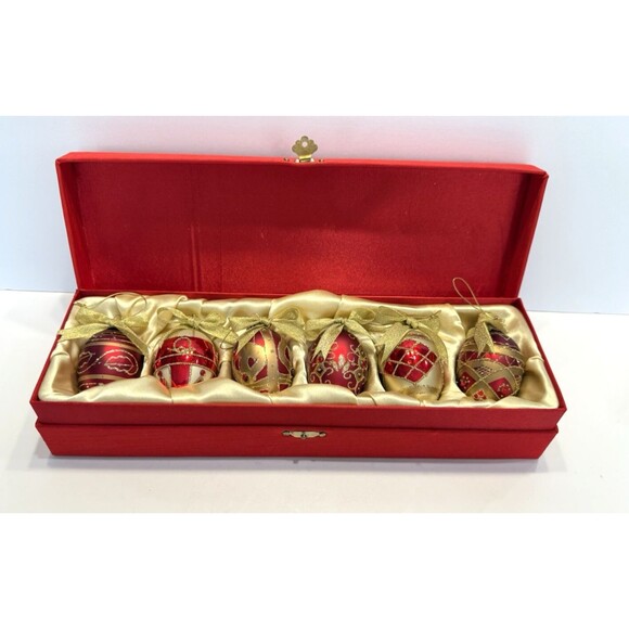 Blown Glass Christmas Ornaments Set 6 Boxed Red Glitter Jeweled Hand Painted